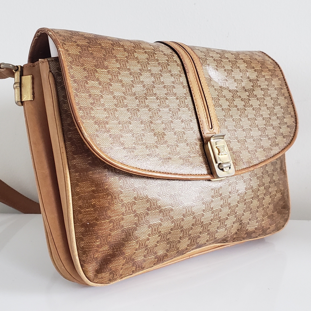 Vintage Celine Macadam Triomphe Clasp Bag - Tan Brown Monogram, Leather & Gold